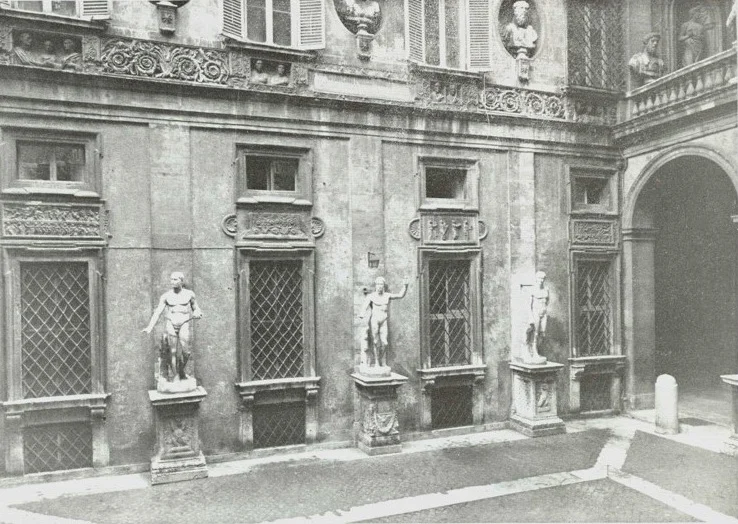 The east wall in the courtyard of Palazzo Mattei di Giove, Rome, shown after the relief was removed.