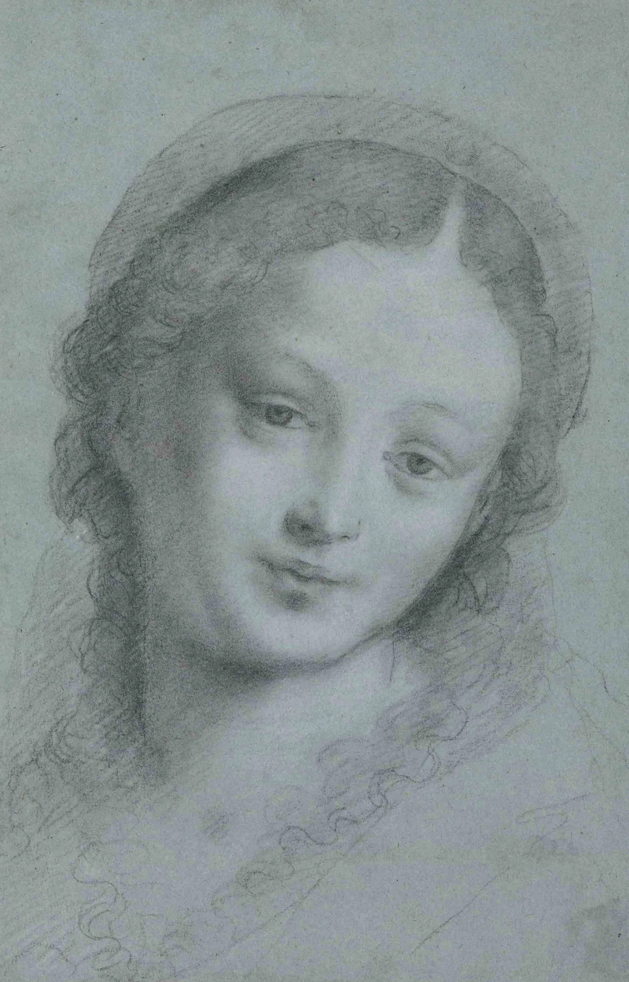 Fig. 2. Bernardino Lanino, The Head of the Virgin , black and white chalk on blue paper, 12 ¾ x 8 5/8 inches (32.4 x 22.1 cm), private collection, New York.