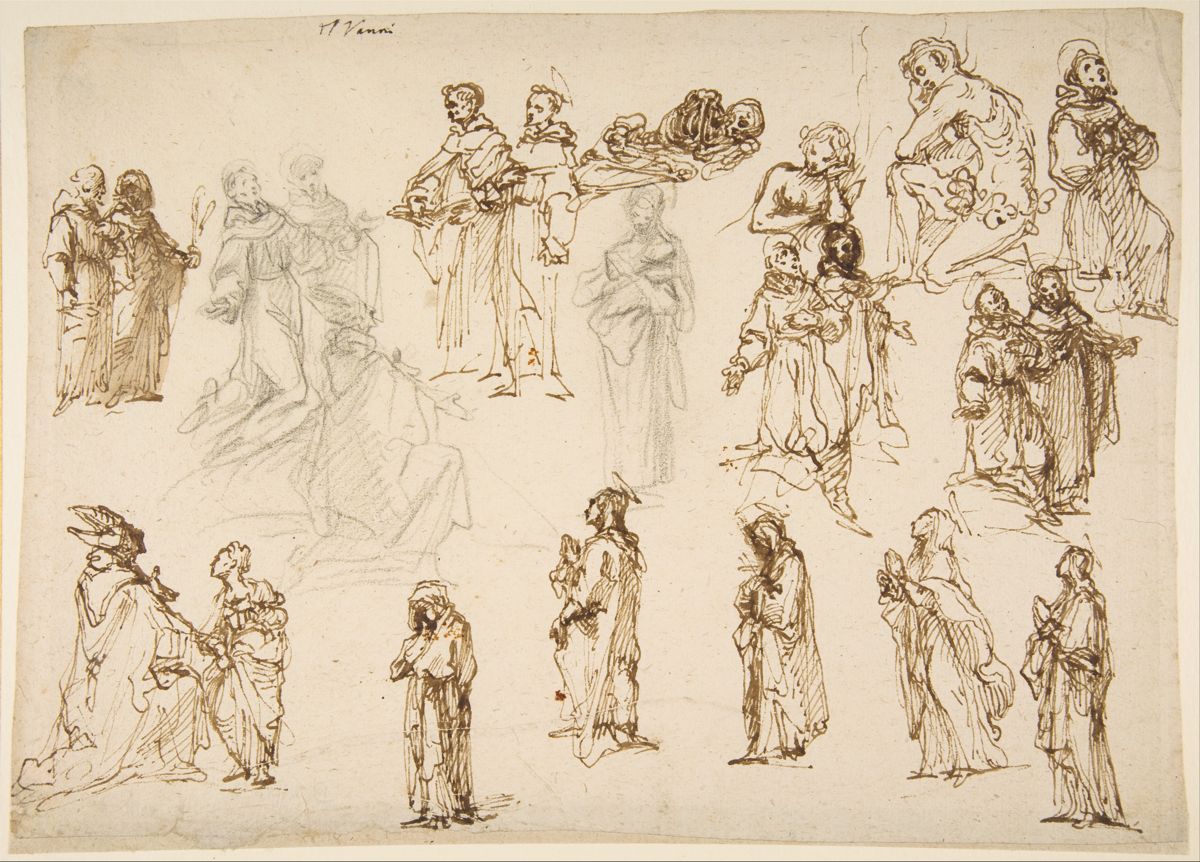 Fig. 1 Francesco Vanni, Figure Studies for the Immaculate Conception with Saints Francis, Dominic, Louis of Toulouse, and Margaret of Cortona; Adam and Eve; and a Reclining Skeleton , 8 3/16 x 11 5/16 inches (20.8 x 28.8 cm)