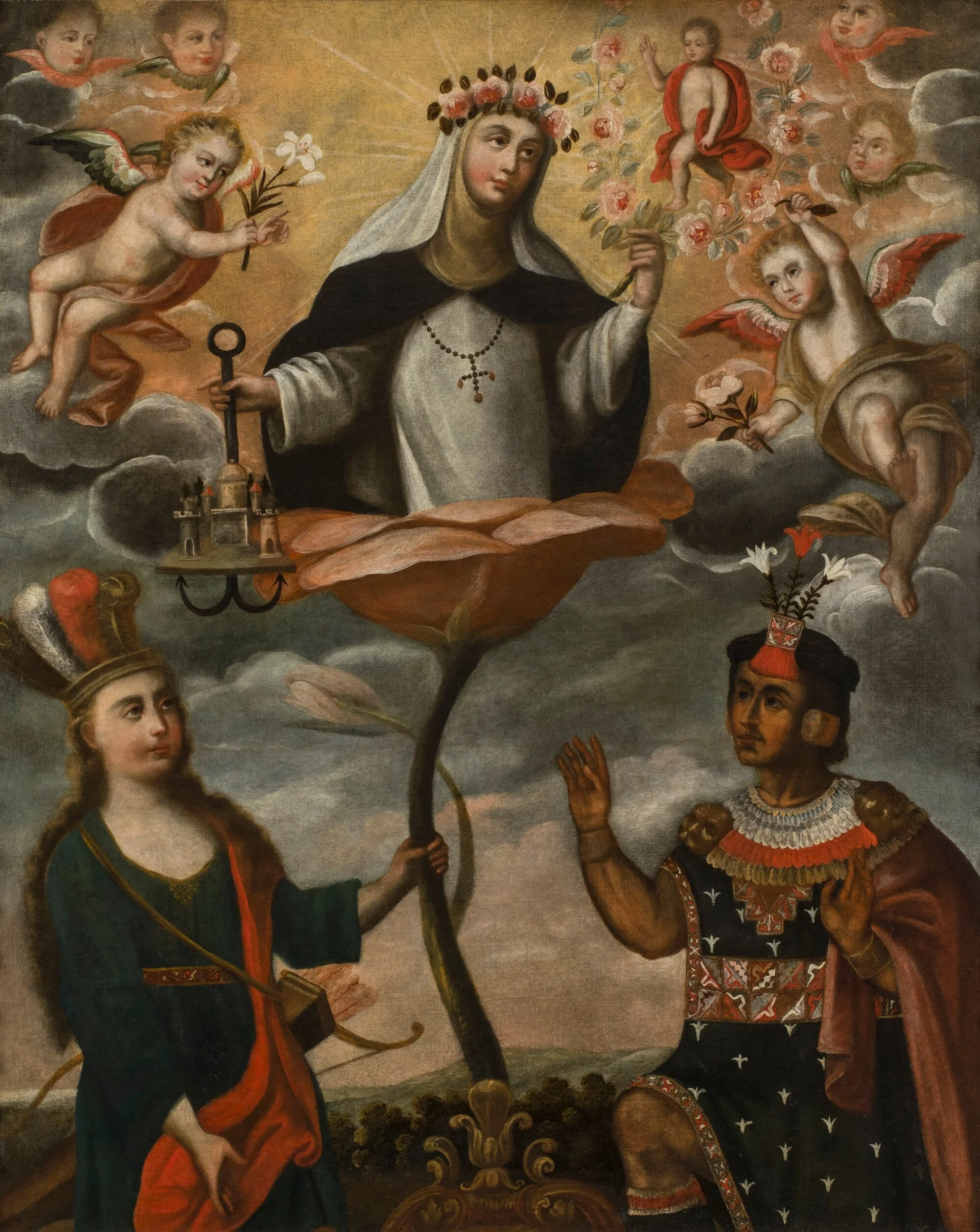 Two men of pre-Colombian origins hold a flower from which a nun emerges.