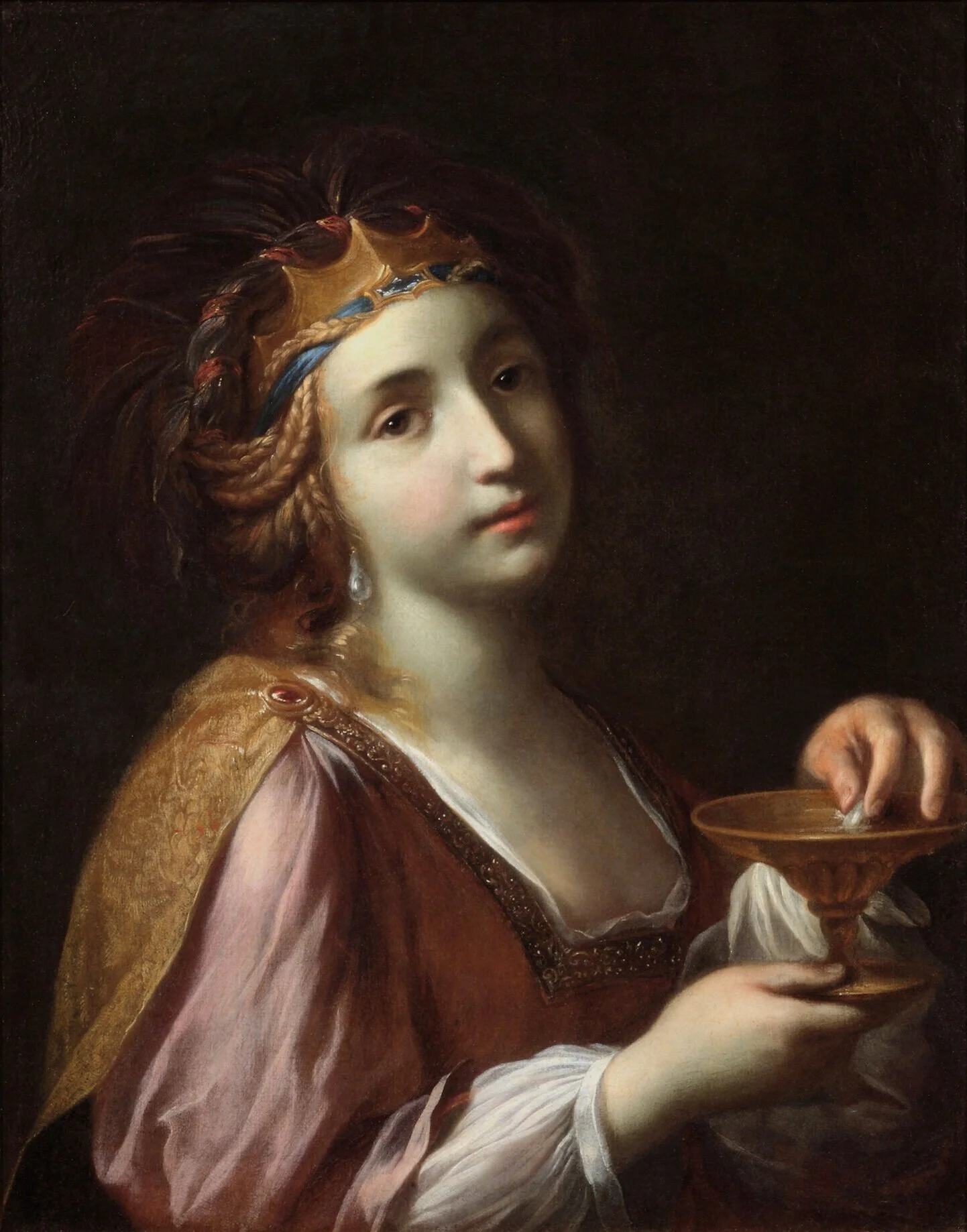 The Egyptian queen dropping a peal in a vessel.