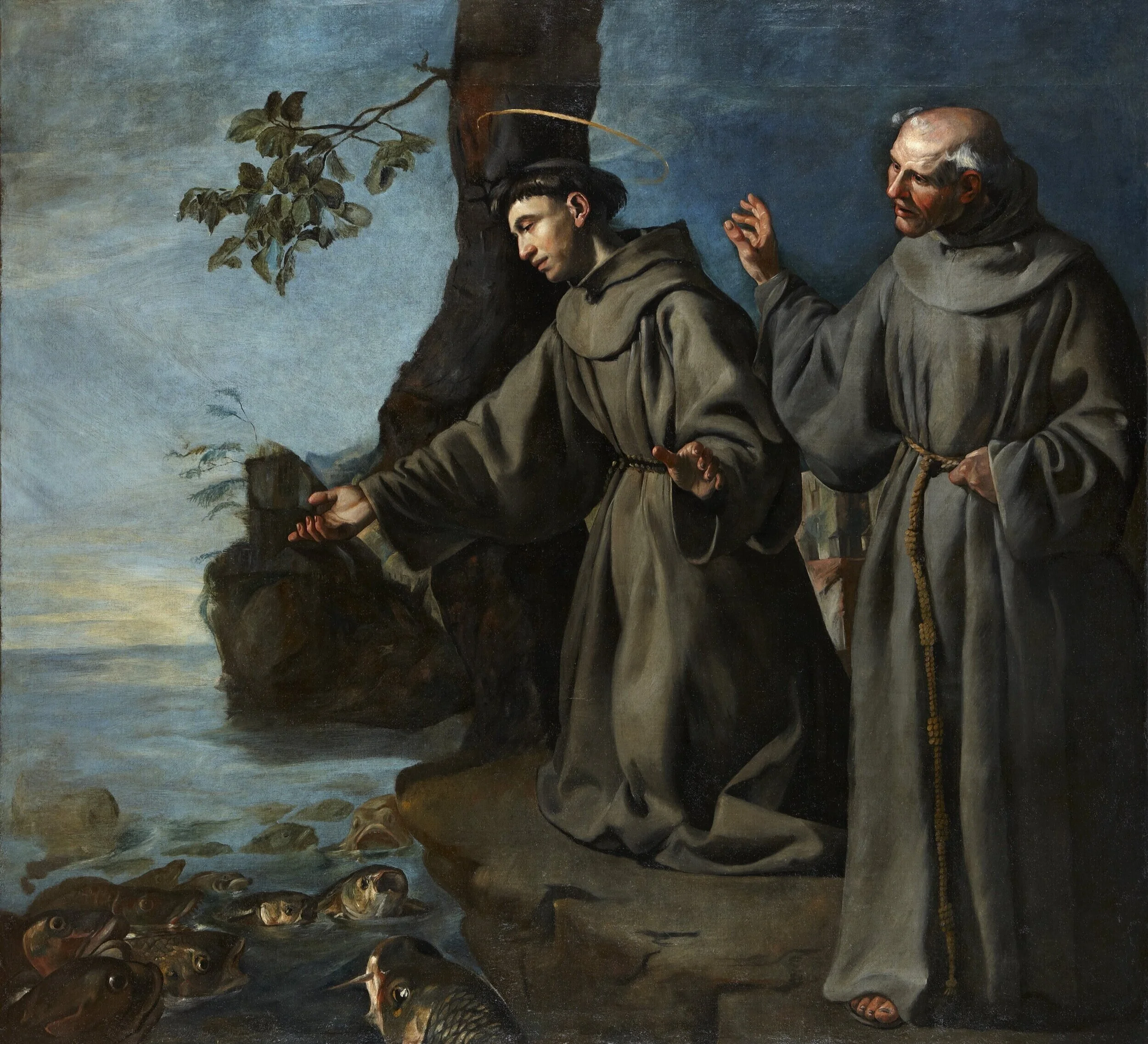 Two friars on the shore gesture to the aquatic animals.