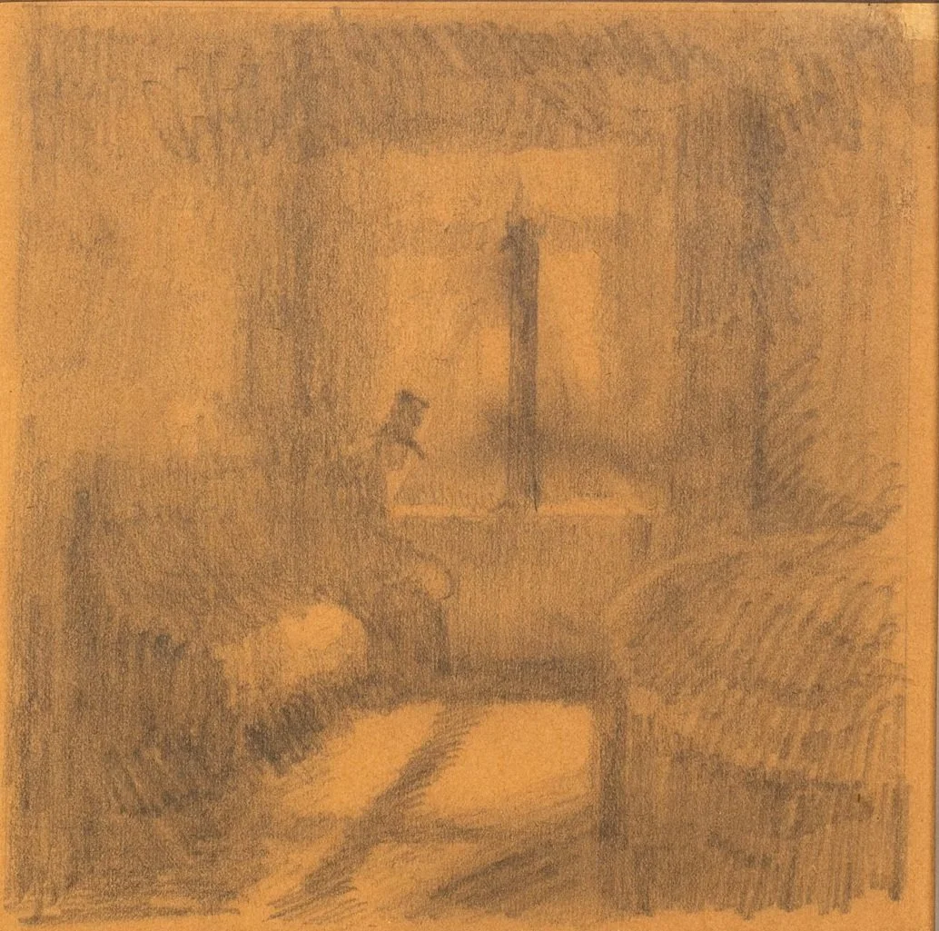 warm sepia paper with a pencil drawing that shows an interior, a window, and a man slumped looking outside.