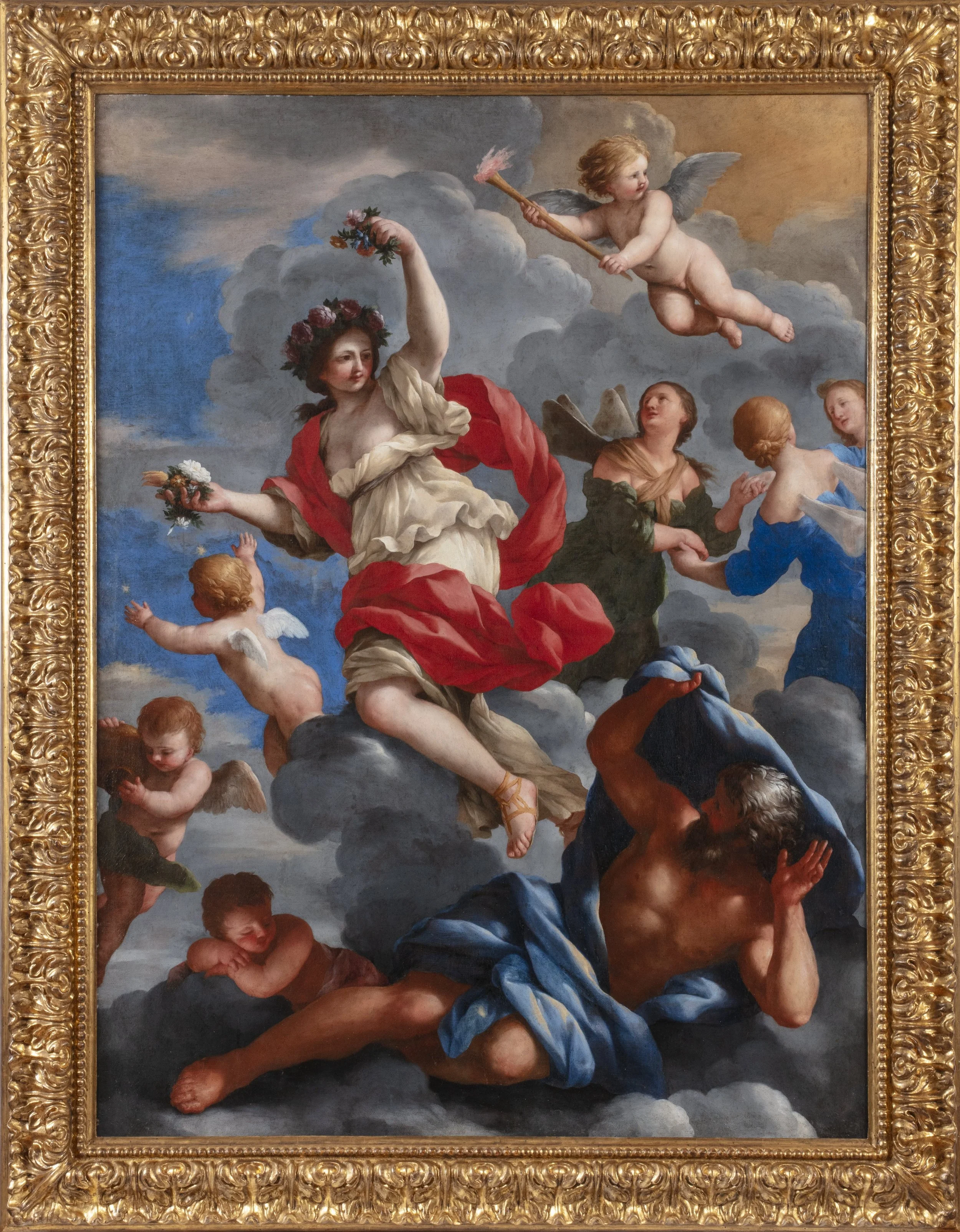 Two mythological gods in the clouds surrounded by putti and other spirits.