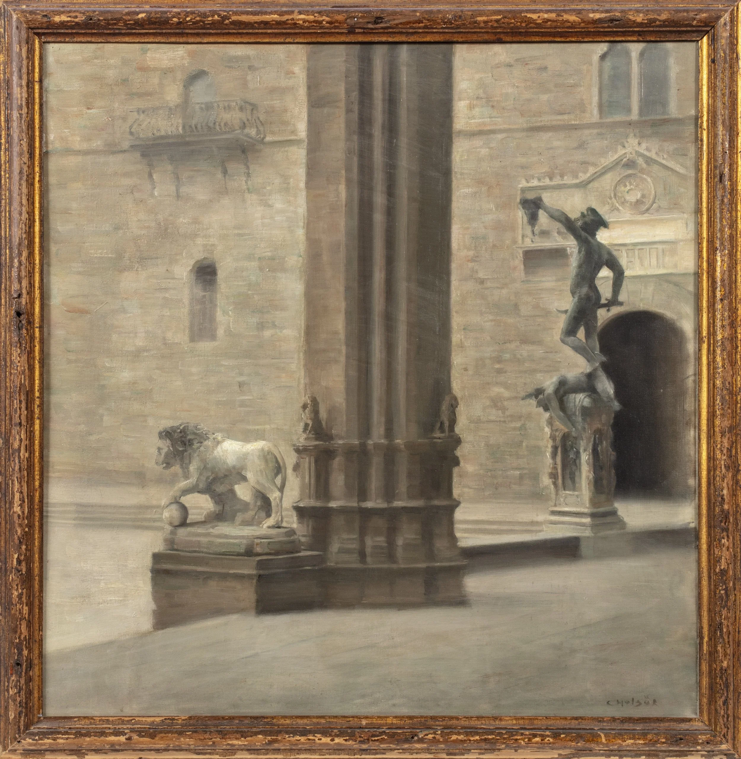 Outdoor view of a city landscape with sculptures and a column on a gray day.