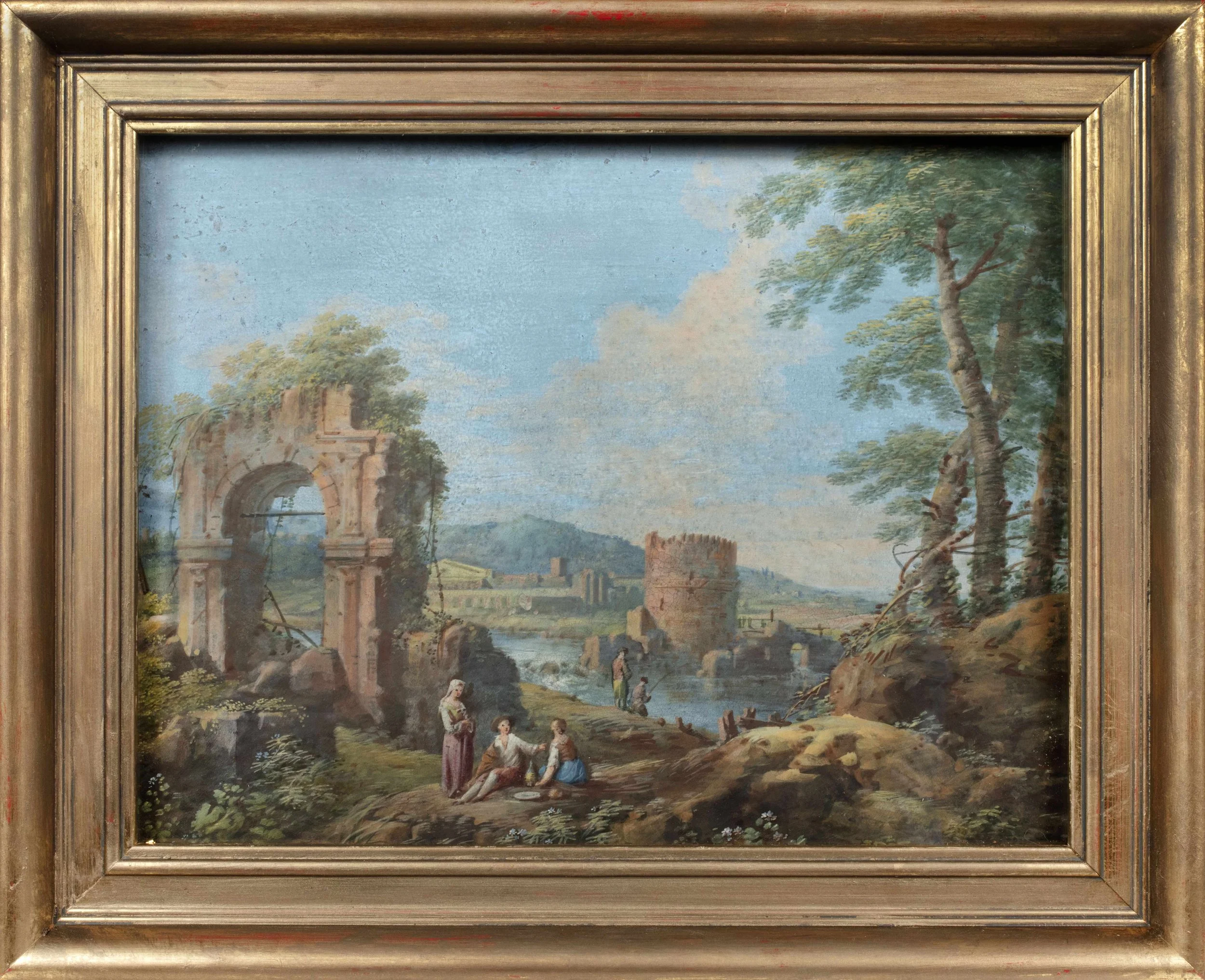 People in natural landscape and ancient ruins