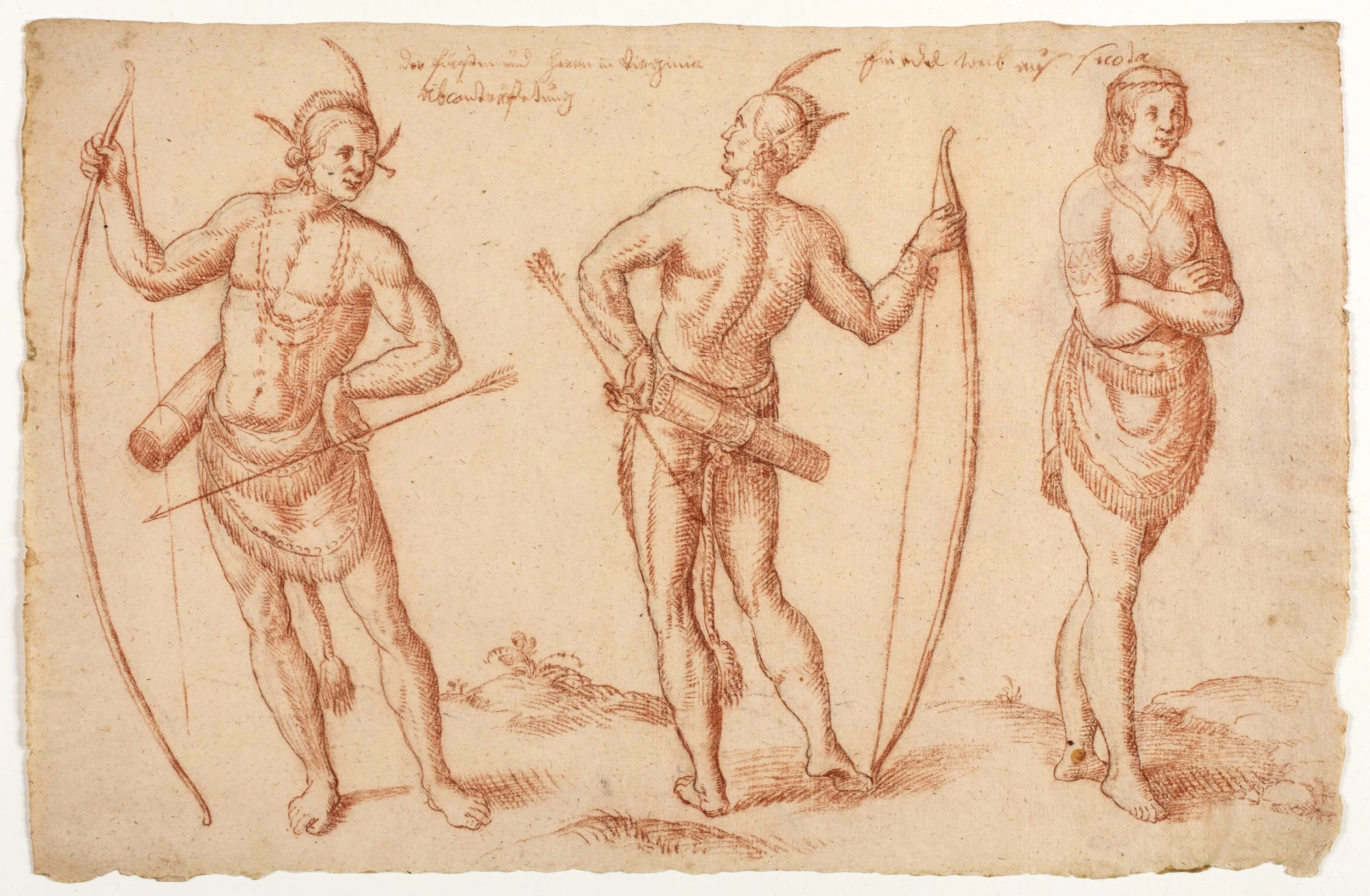Front and back of half naked male villagers with arrows and bows and front of a female villager.