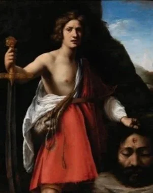 A young man half naked holds a sword in his right hand and a head of a bearded man in his left hand in front of a landscape.