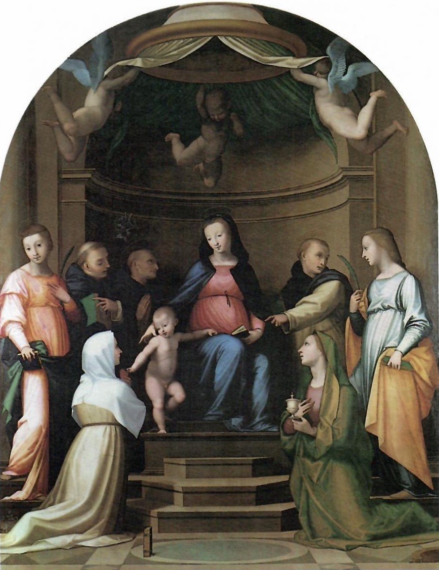Mary and Child enthroned beneath angels surrounded by kneeling and standing saints