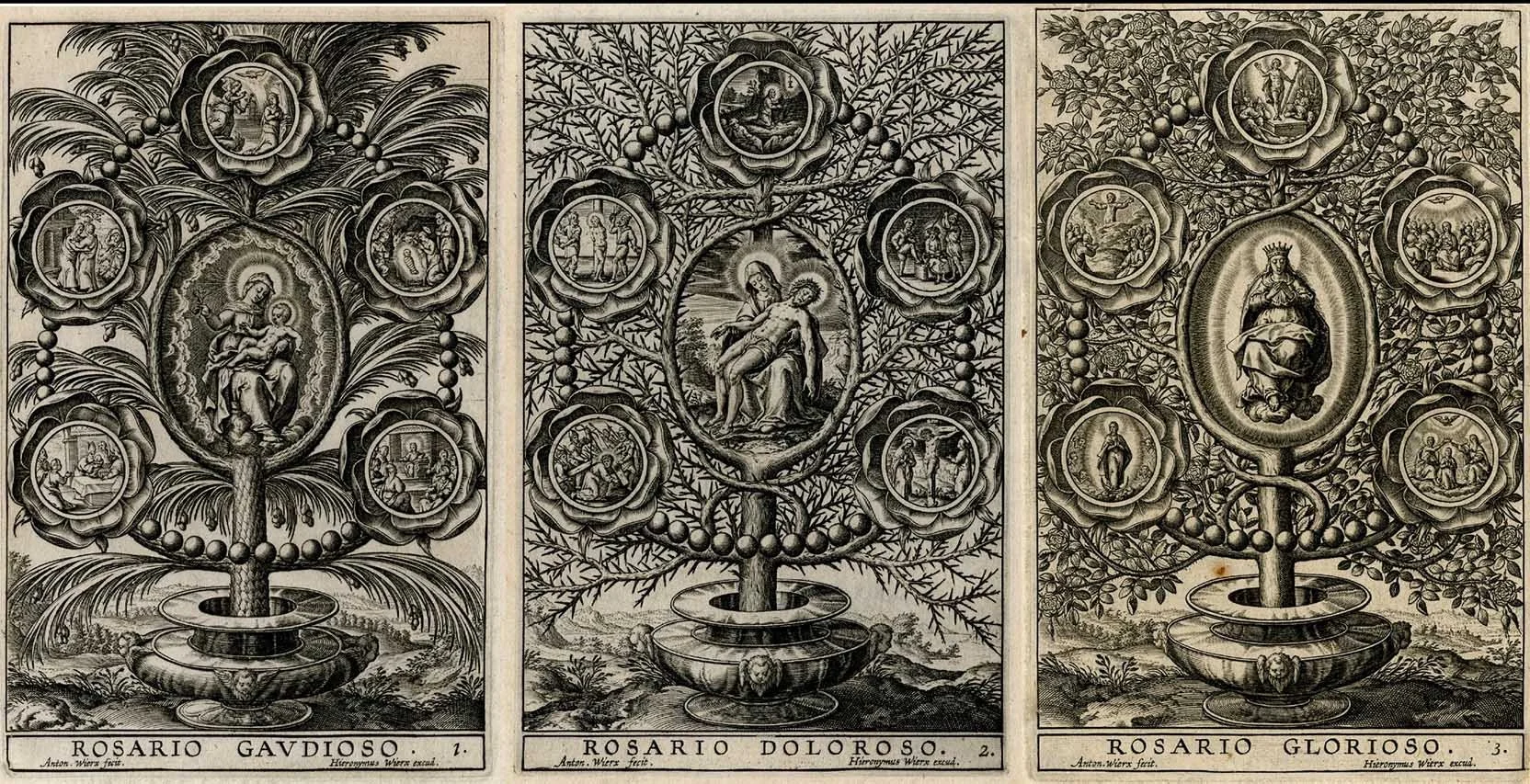 Three engravings of Virgin and Child in the middle of rose tree surrounded biblical scenes and flowers