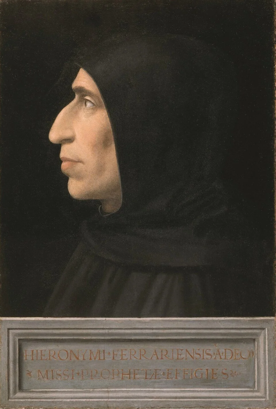 Profile portrait of Dominican friar in a dark hood above an inscribed plaque
