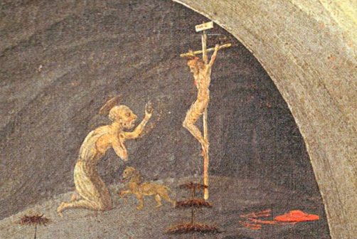 An elderly man with a halo kneels before a cross with Jesus and a lion against a dark background.