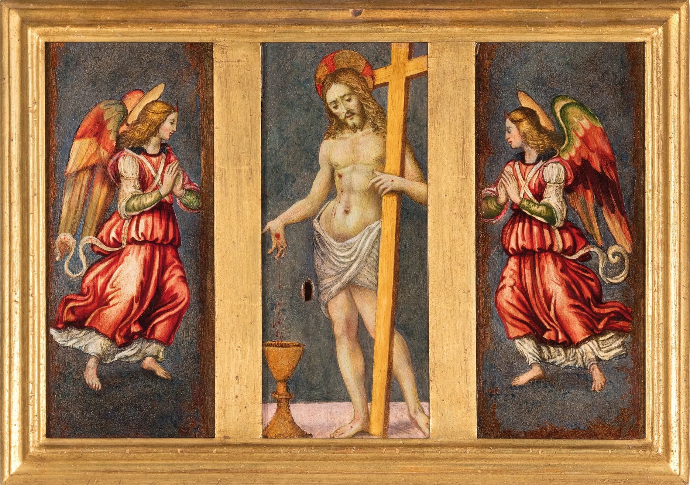 Christ shows wounds beside the cross and chalice flanked by two angels