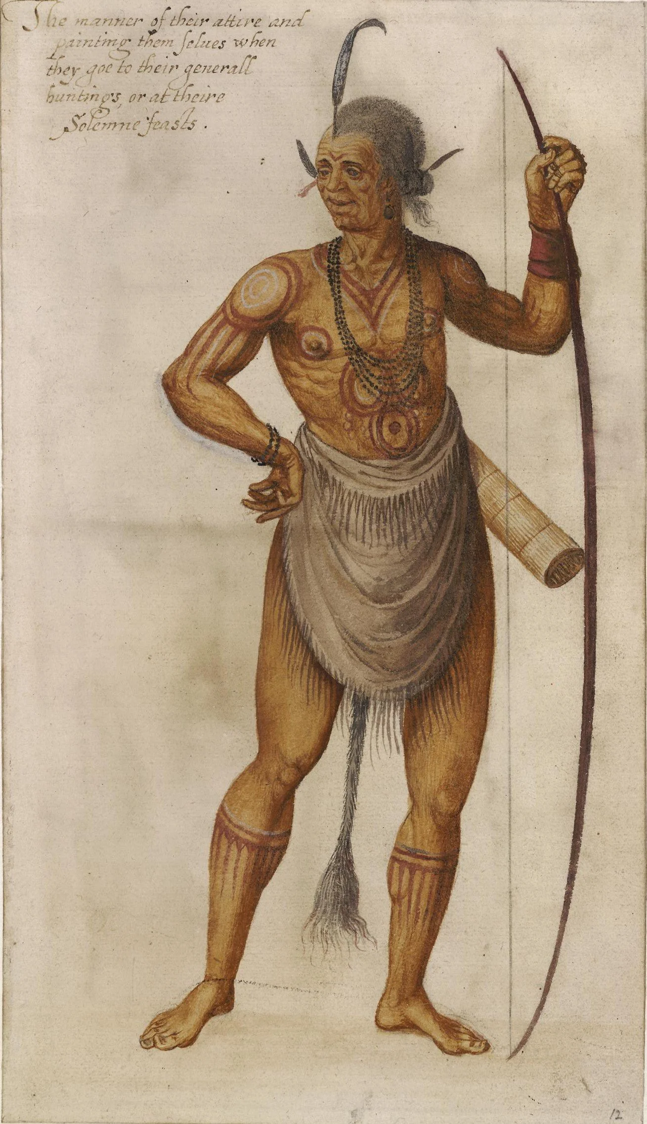 Colored image of a half naked male villager holding bow and arrows