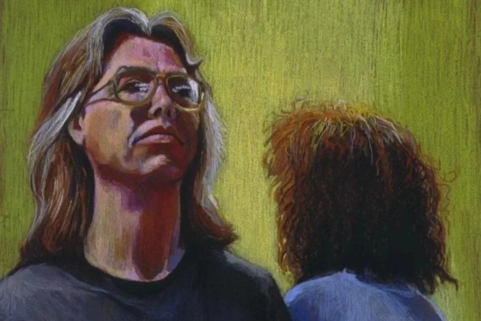 Double portrait of two figures facing different directions