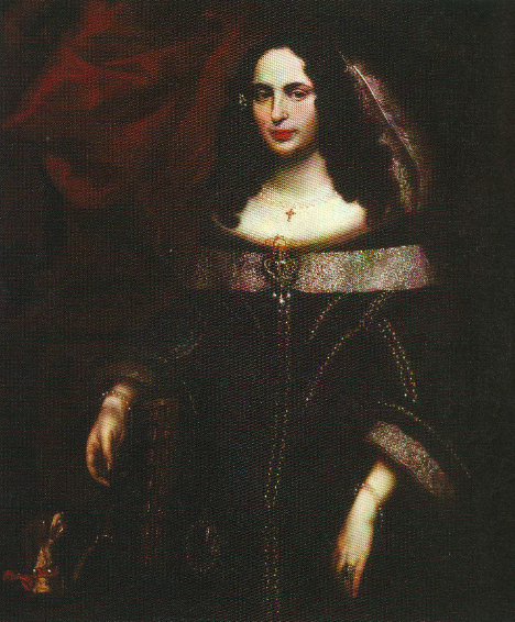 Portrait of a woman dressed in black with prominent jewels and a feather in her hair, posed with her hand resting over a chair.
