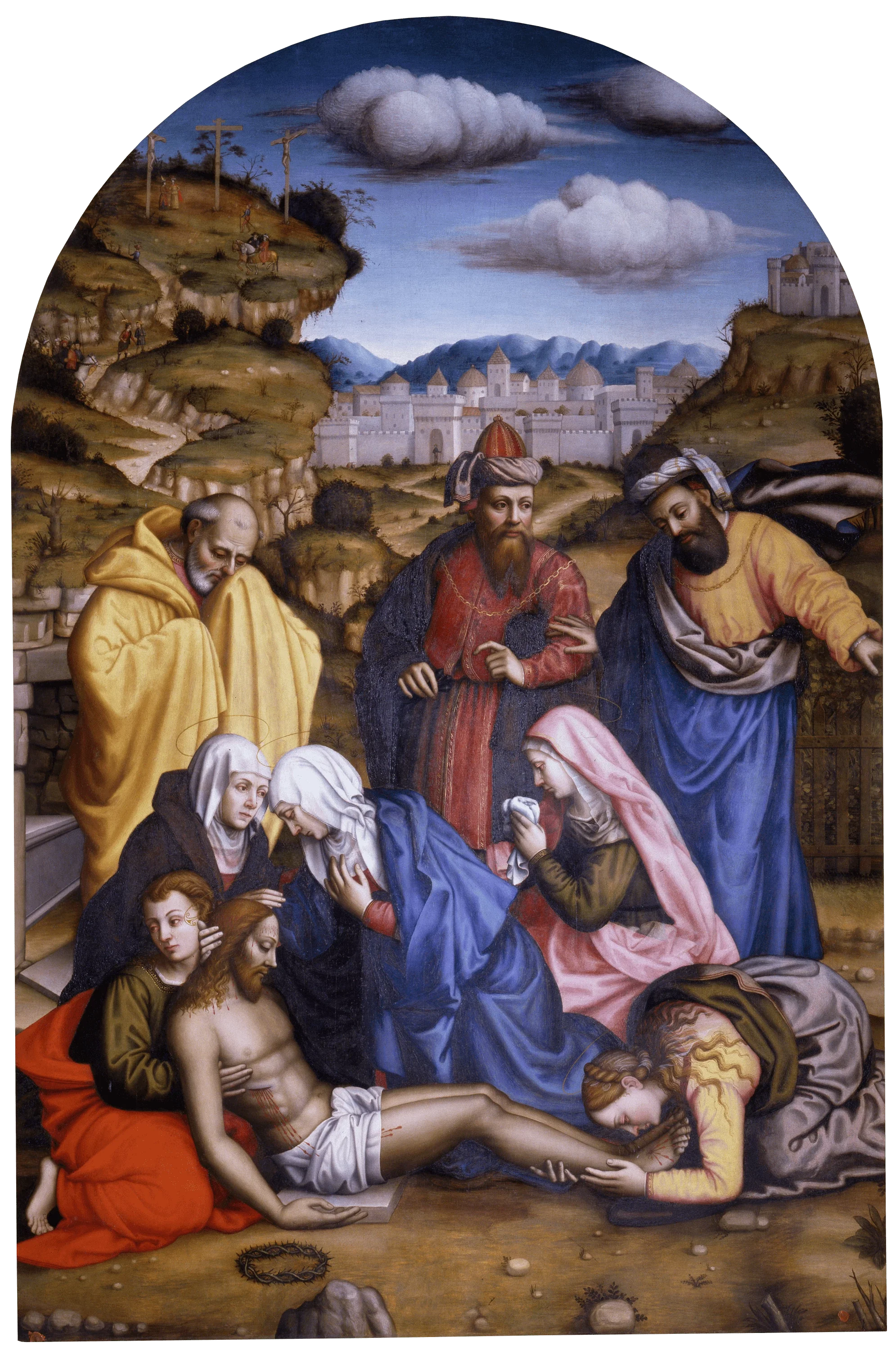 Mourners surround and support the dead Christ in a rocky and city landscape