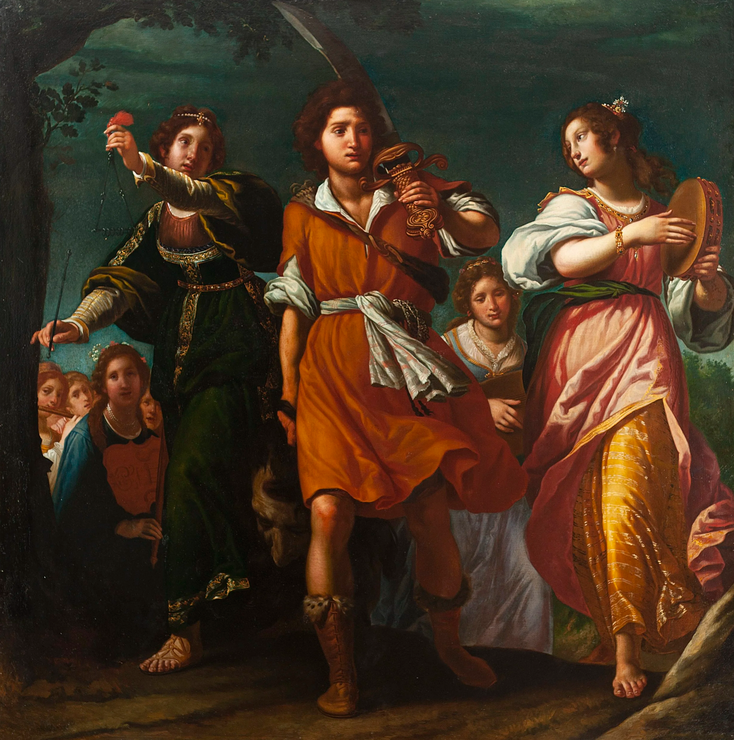 A young man holds a sword in the middle and two young woman flanking with music instruments with female attendants behind against a dark green background.