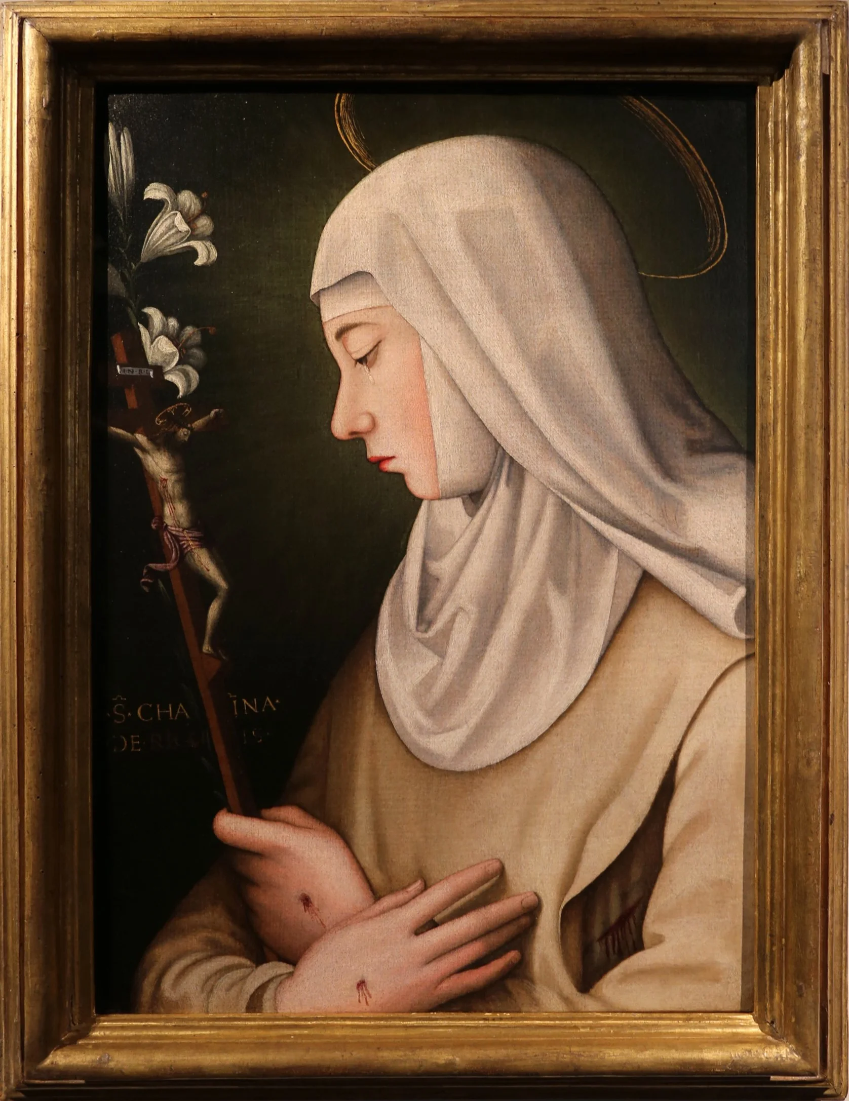 Haloed Dominican nun in profile holds a crucifix with lilies, with stigmata on her hands