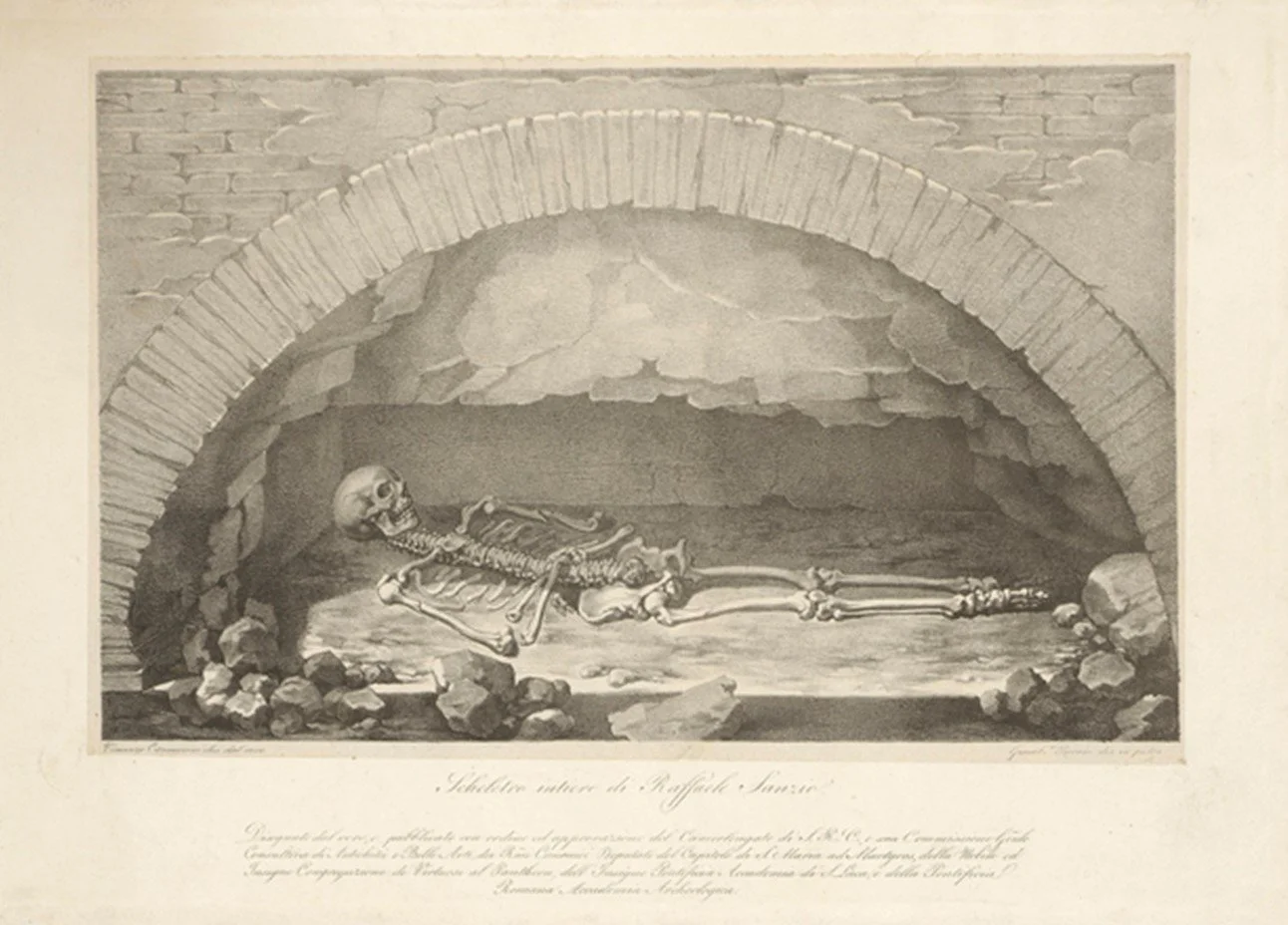 Drawing of a semi circular niche. A skeleton within it.