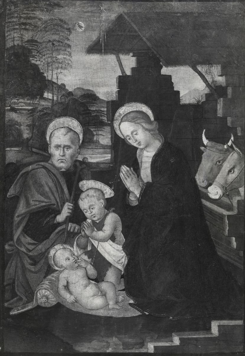 Mary, Joseph, and infant Saint John gathered around infant Christ in a stable with ox and donkey