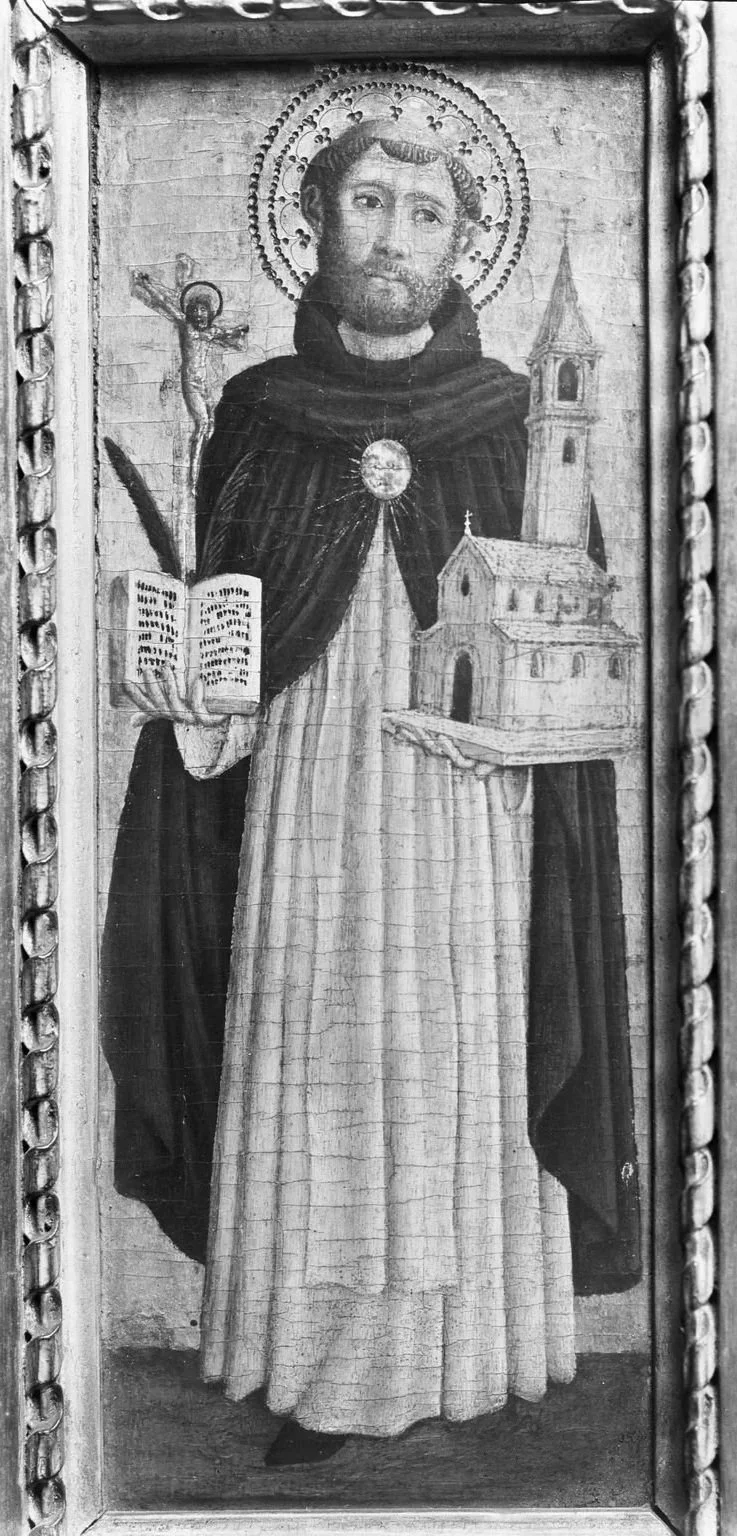 A black and white image of a bearded man in a long robe holds a model of a church in his left hand and an open book in his right hand gazing at top right corner.