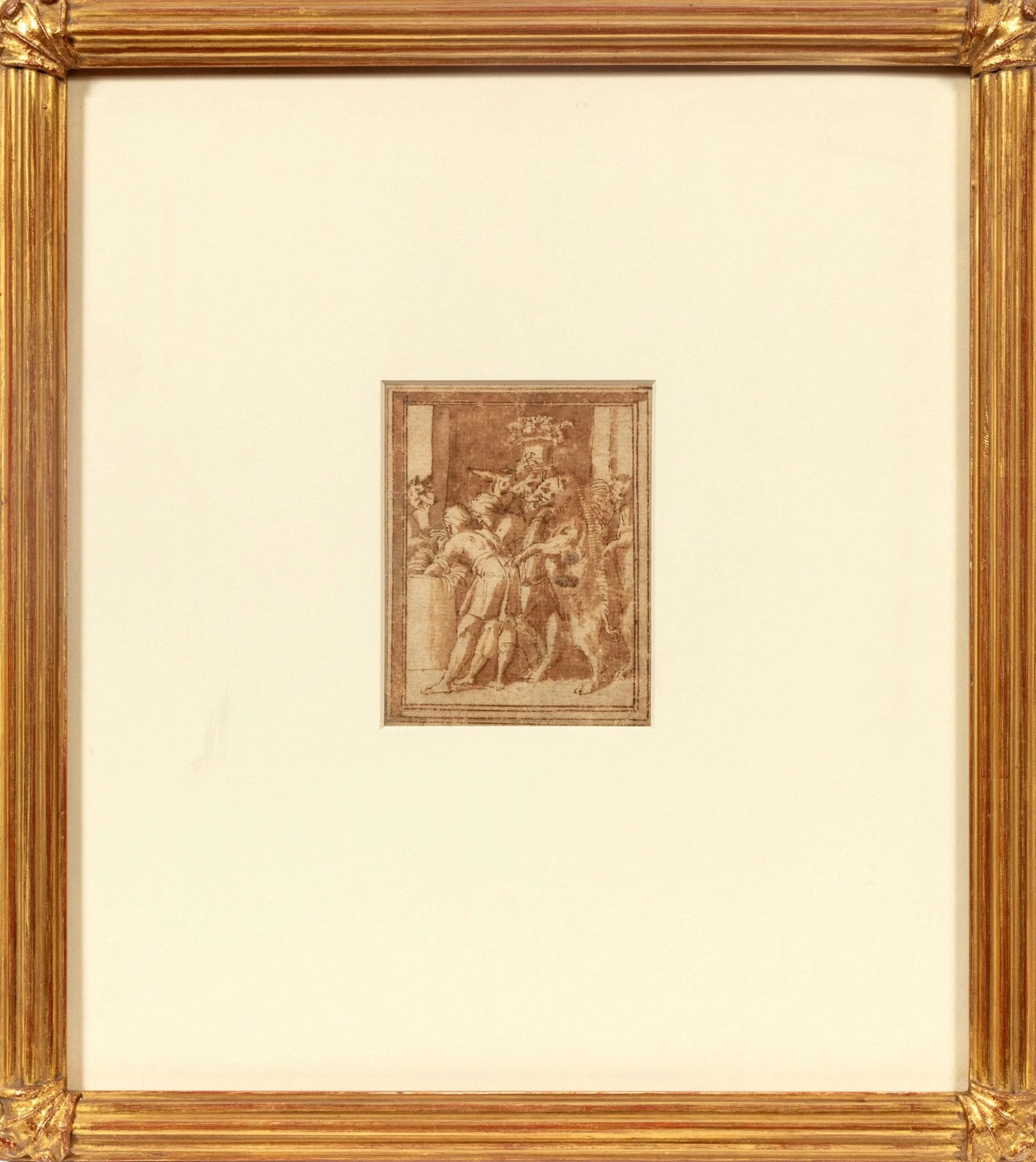 Present work in a wide mat and gold frame.