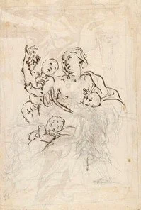 Woman holding a baby and cherries while two babies surrounding her