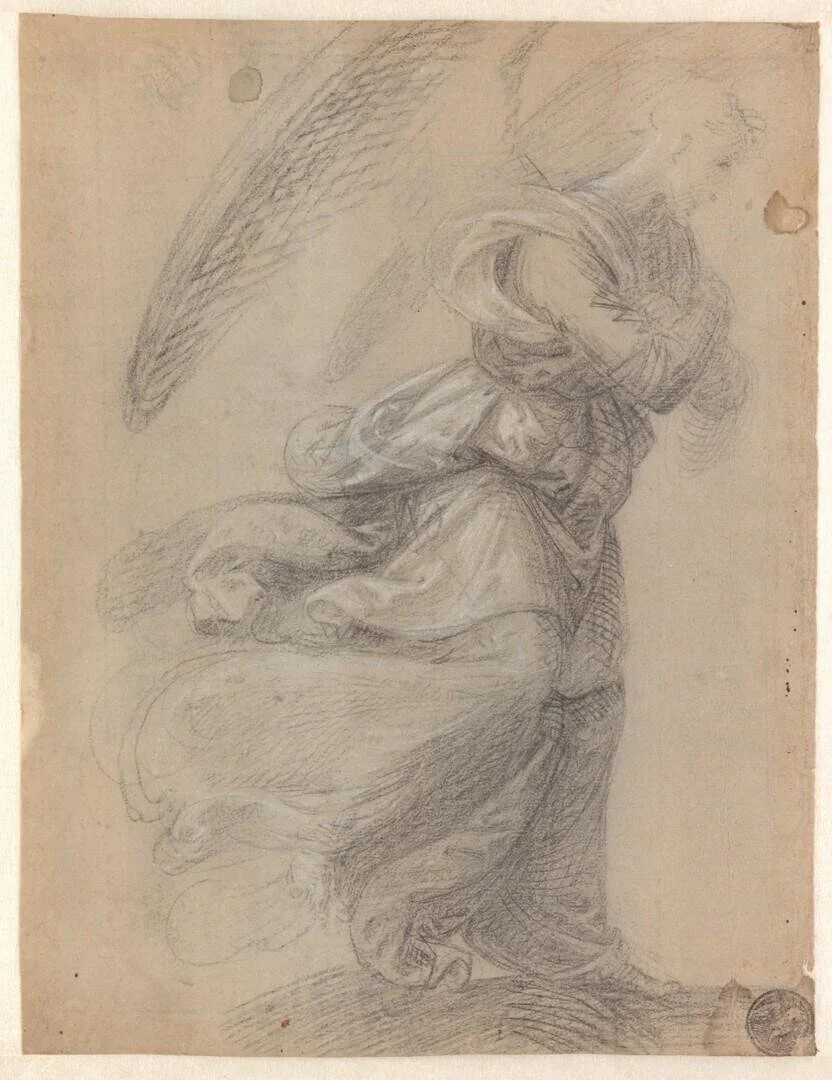 Drawing of winged angel in flowing robes, shown in profile with hands crossed facing right