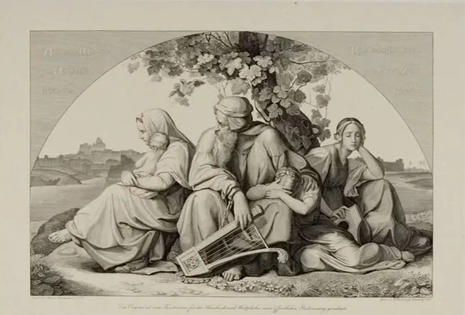 A black and white engraving of a family mourning by a river, with the German words engraved in the top corners.