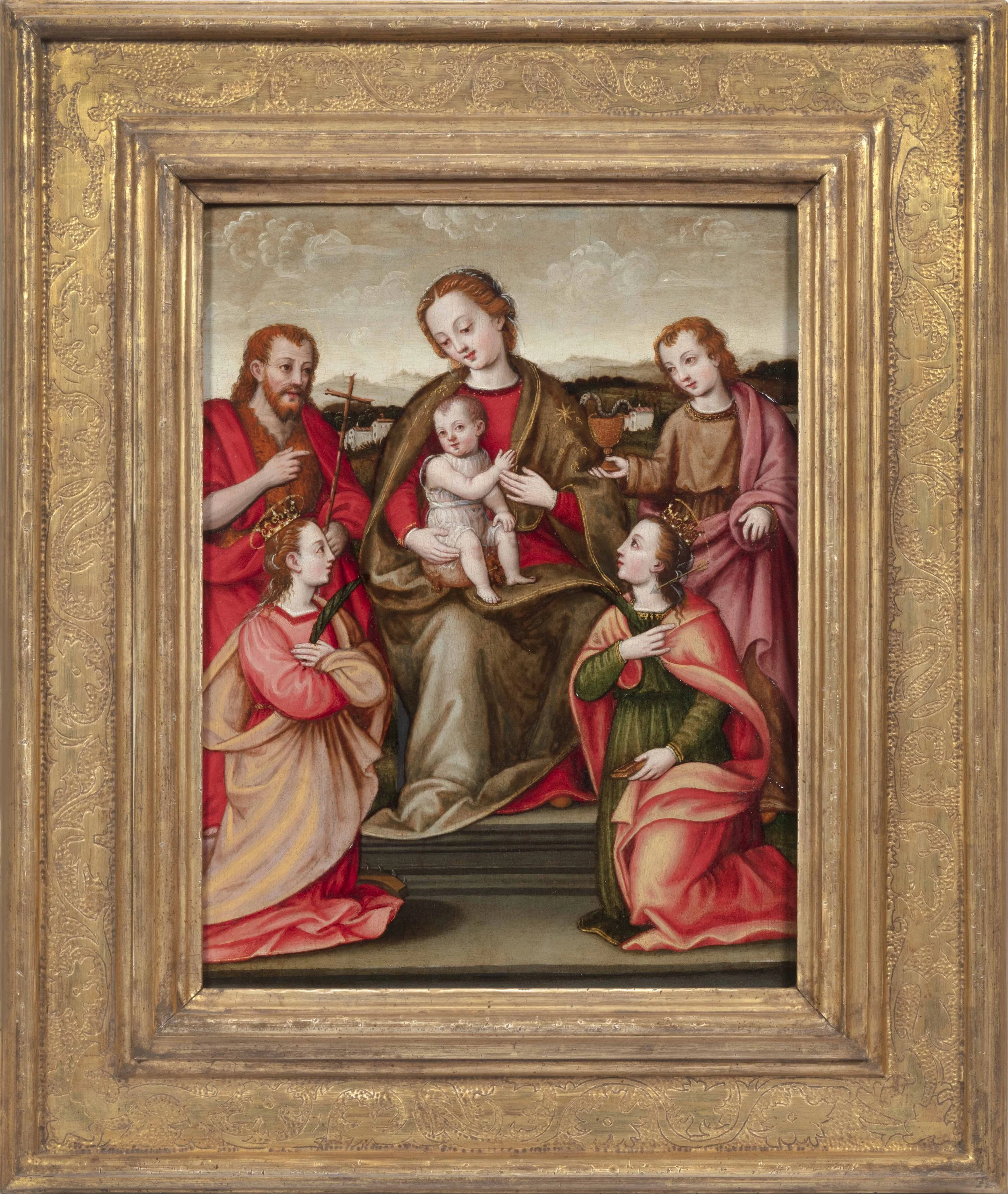 Mary and Child enthroned, surrounded by four saints in a landscape