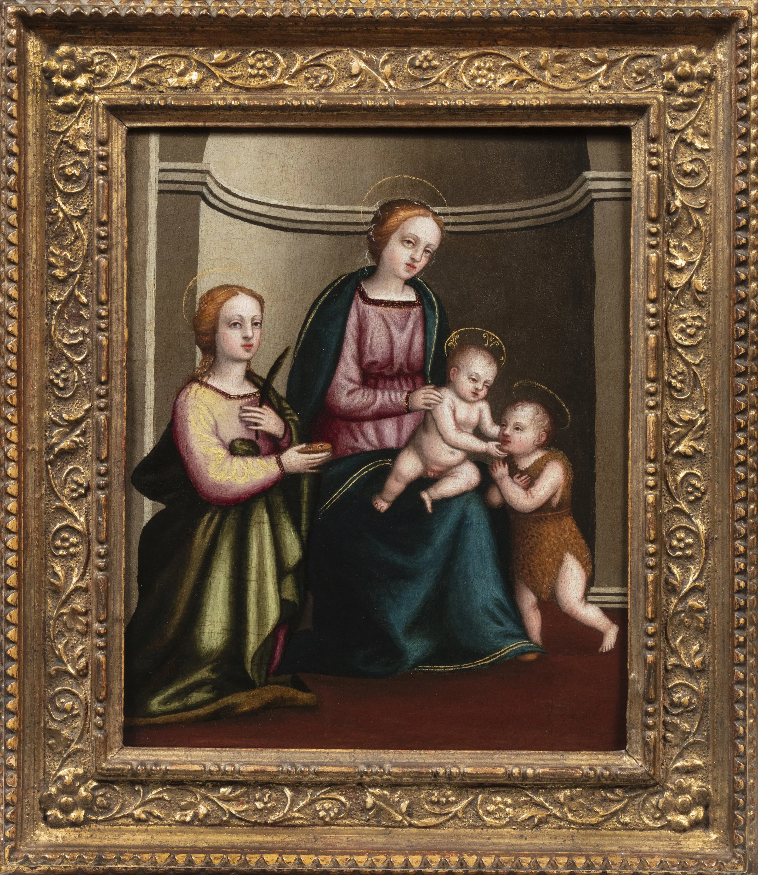Mary holds the Christ Child beside infant Saint John and Saint Lucy