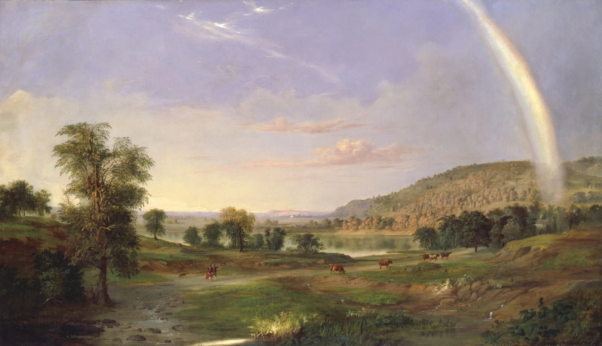 Pastoral landscape painting with trees, animals, water, distant hills, and rainbow above