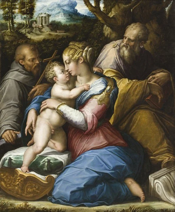 A young woman with a pink and blue robe kneels and holds a nude child while an elderly bearded man with a yellow robe and another elderly man with a cross look at them from behind against a distant natural landscape with an ancient architecture.