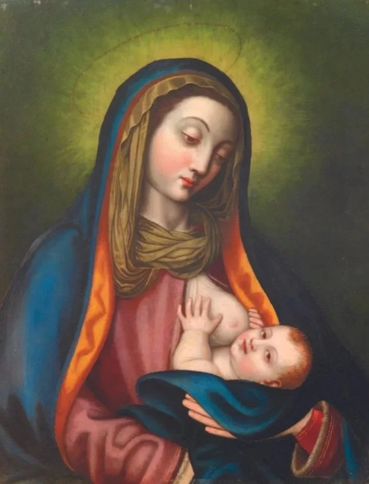 Haloed Madonna wearing veil holds and breastfeeds the infant Christ against a dark green background