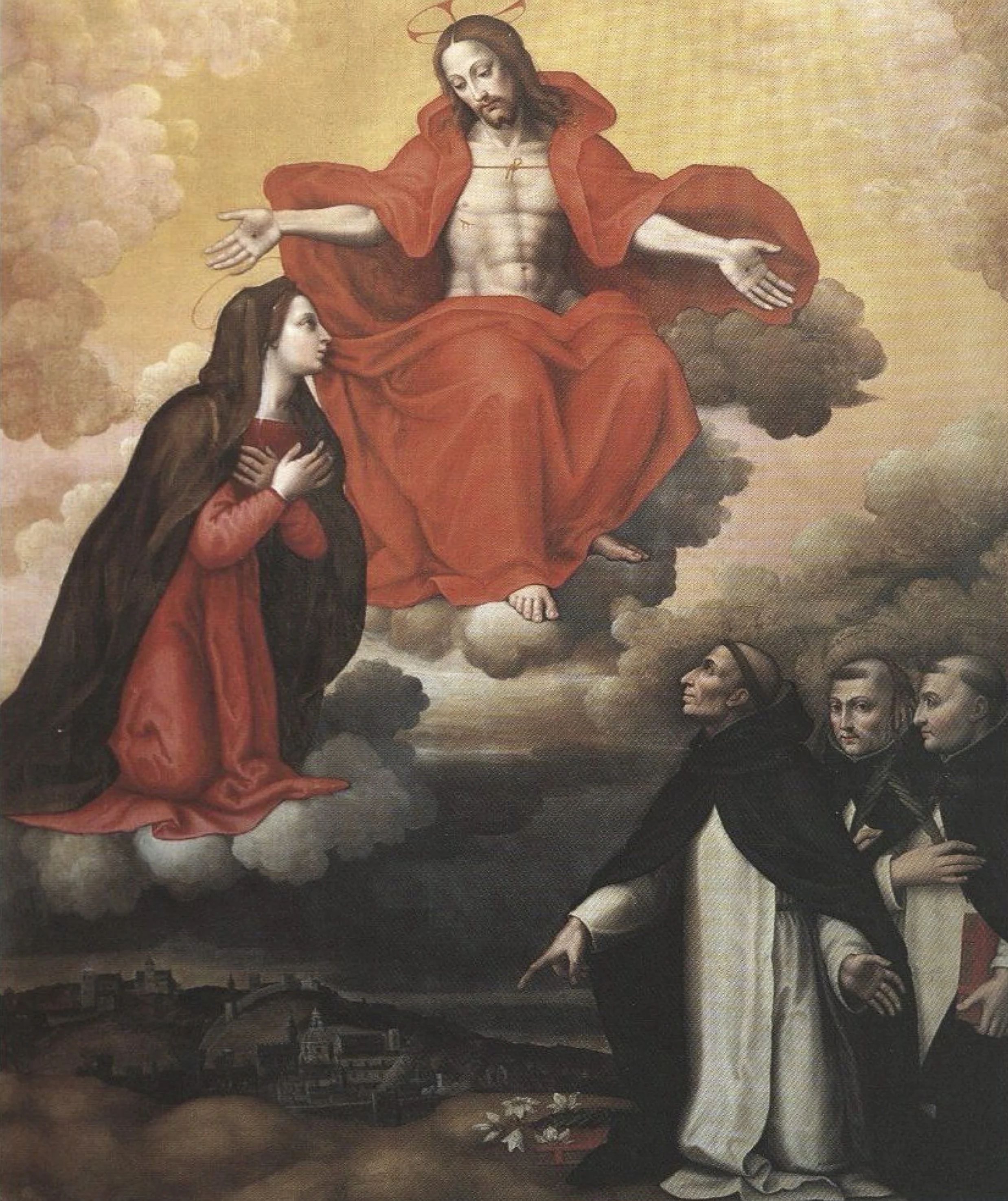 Christ enthroned in clouds above Mary and Dominican friars