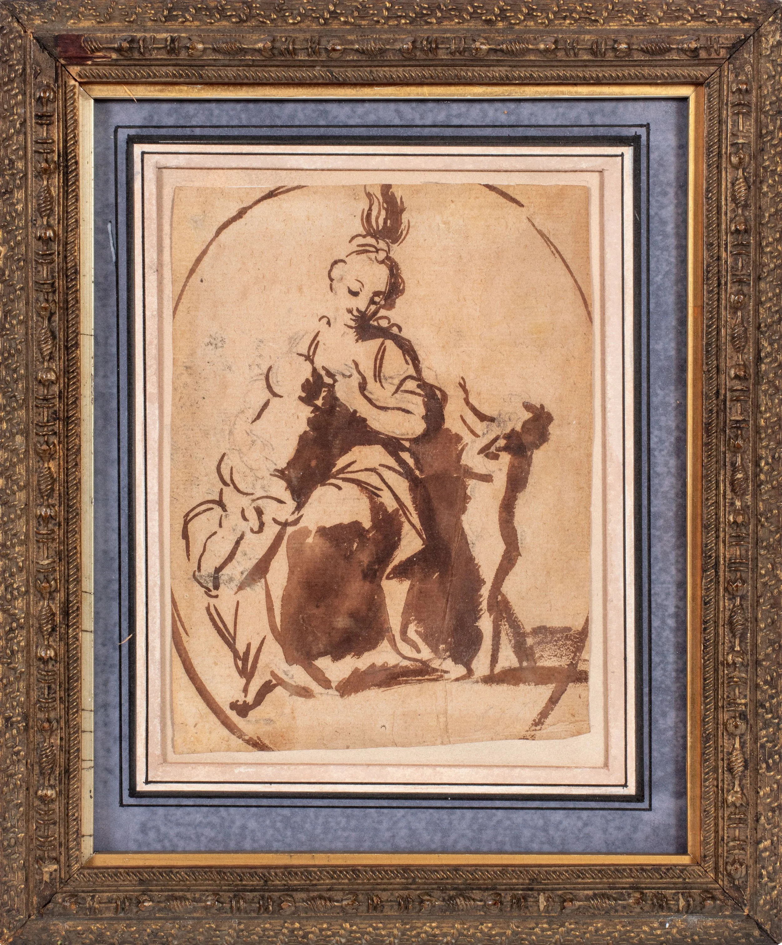 Woman with a headdress seated and breastfeeding a naked baby while another baby walking and extending his arm towards her