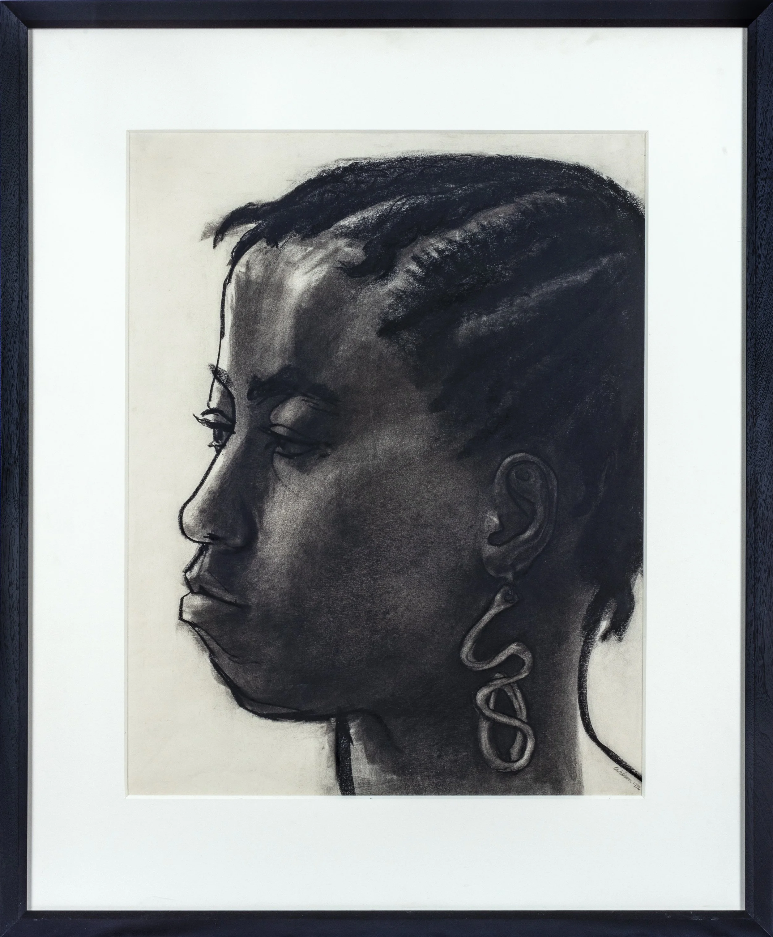 Sketch of the face of a black woman with short hair wearing a earring