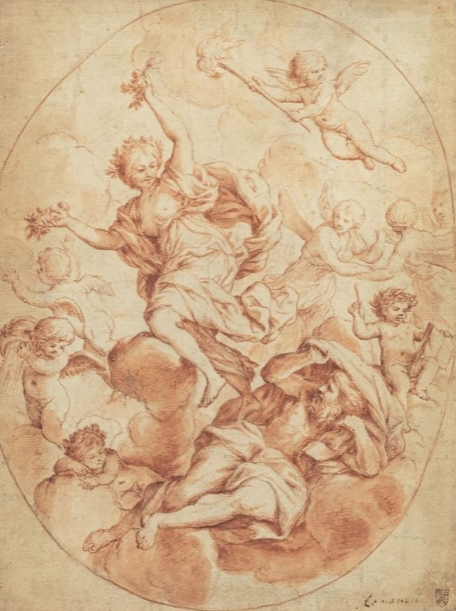Mythological gods in the clouds accompanied by putti and three women..
