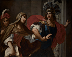 An armored man holding the hand of a woman