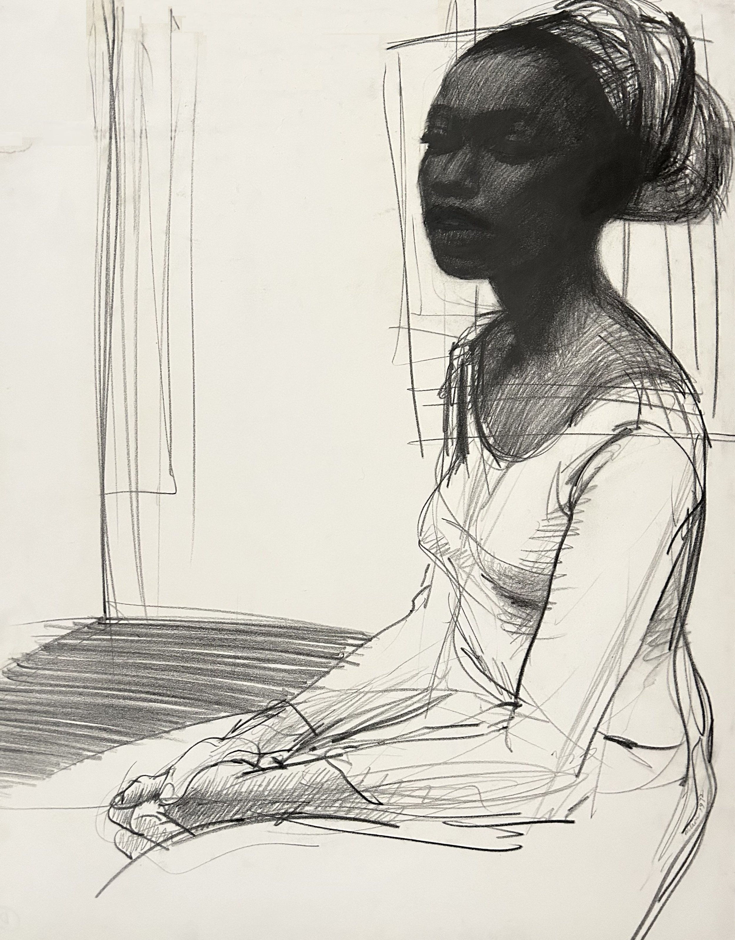 Sketch of a black woman seated wearing dress and hair wrap with fingers interlocked