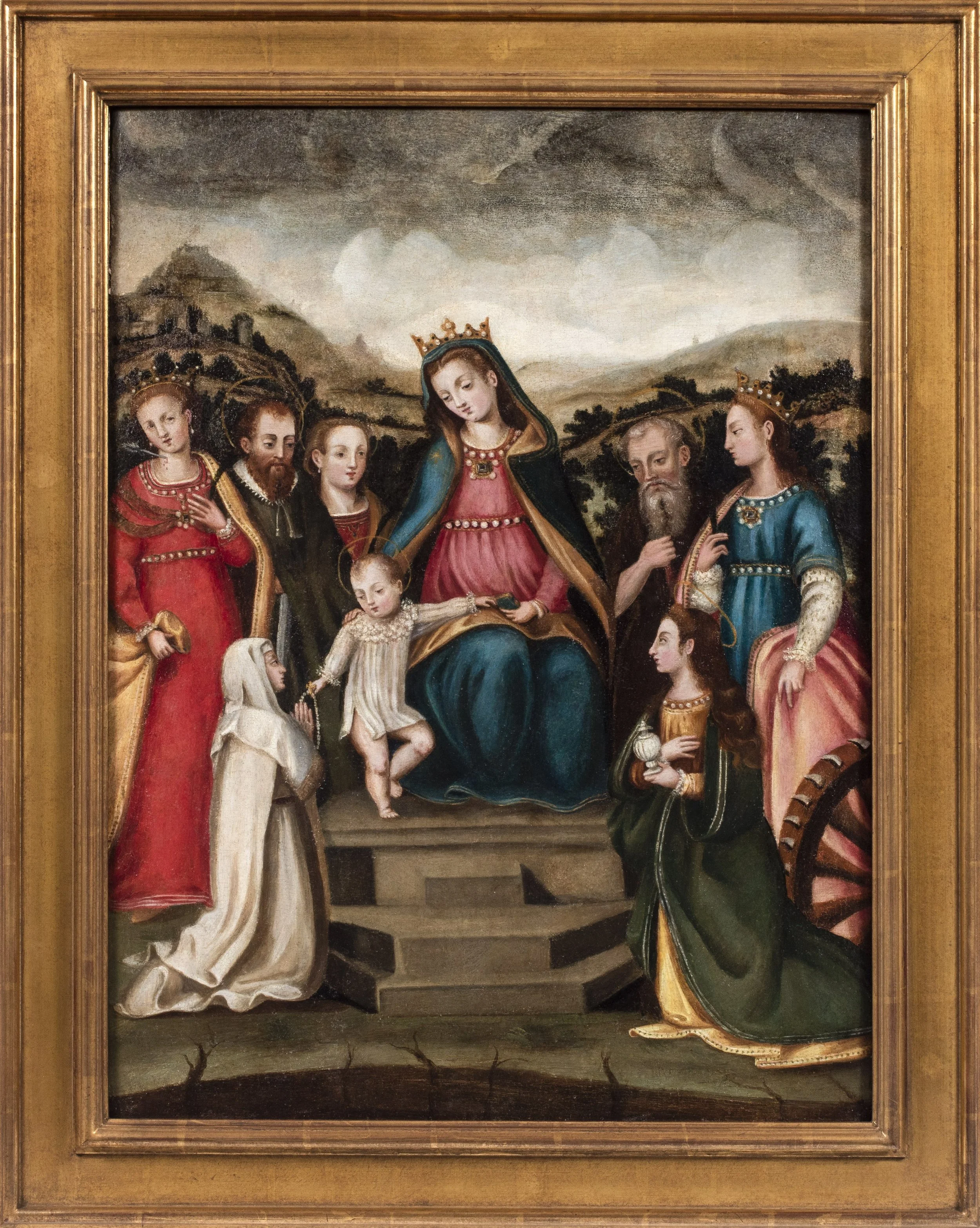 Mary and Child enthroned surrounded by saints and a kneeling Dominican nun receiving Rosary from Christ