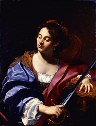 A young woman wearing a blue and red robe holds a sword in her right hand and a head of a man under her left hand against a black background.