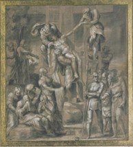 monotone drawing of crowd standing and weeping under a cross while two men taking down half naked Jesus