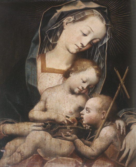 A young woman seated with blue and pink cloak holds a nude baby while another boy holds a cross next to them.