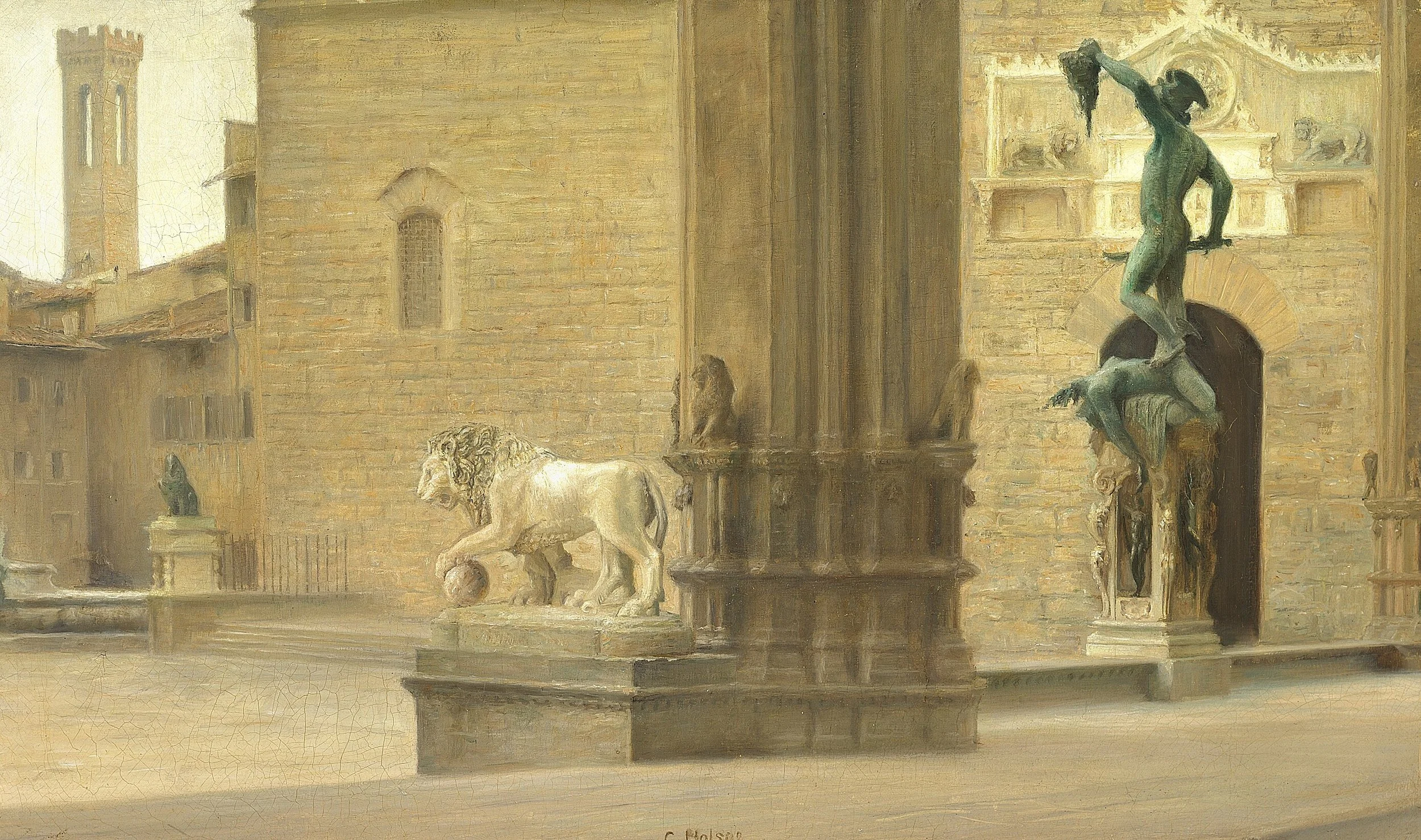 View of a city with sculptures, a column, and a distant view of a tower in the background.