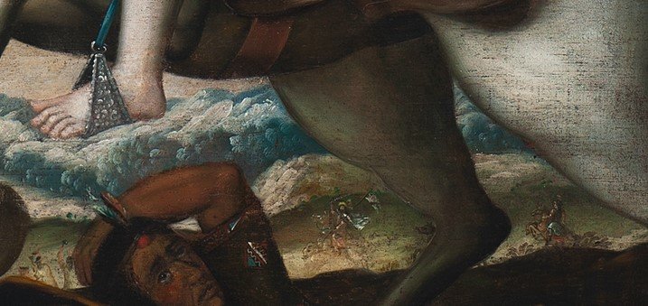 Saint James on his horse as diminutive figure brandishing sword and holding banner in battle scene