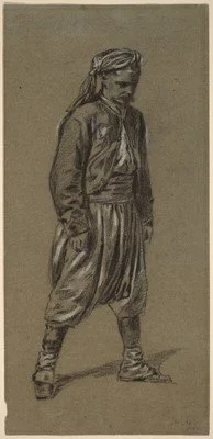 Sketch of a standing soldier wearing tasseled cap, filigreed jacket, and baggy trousers