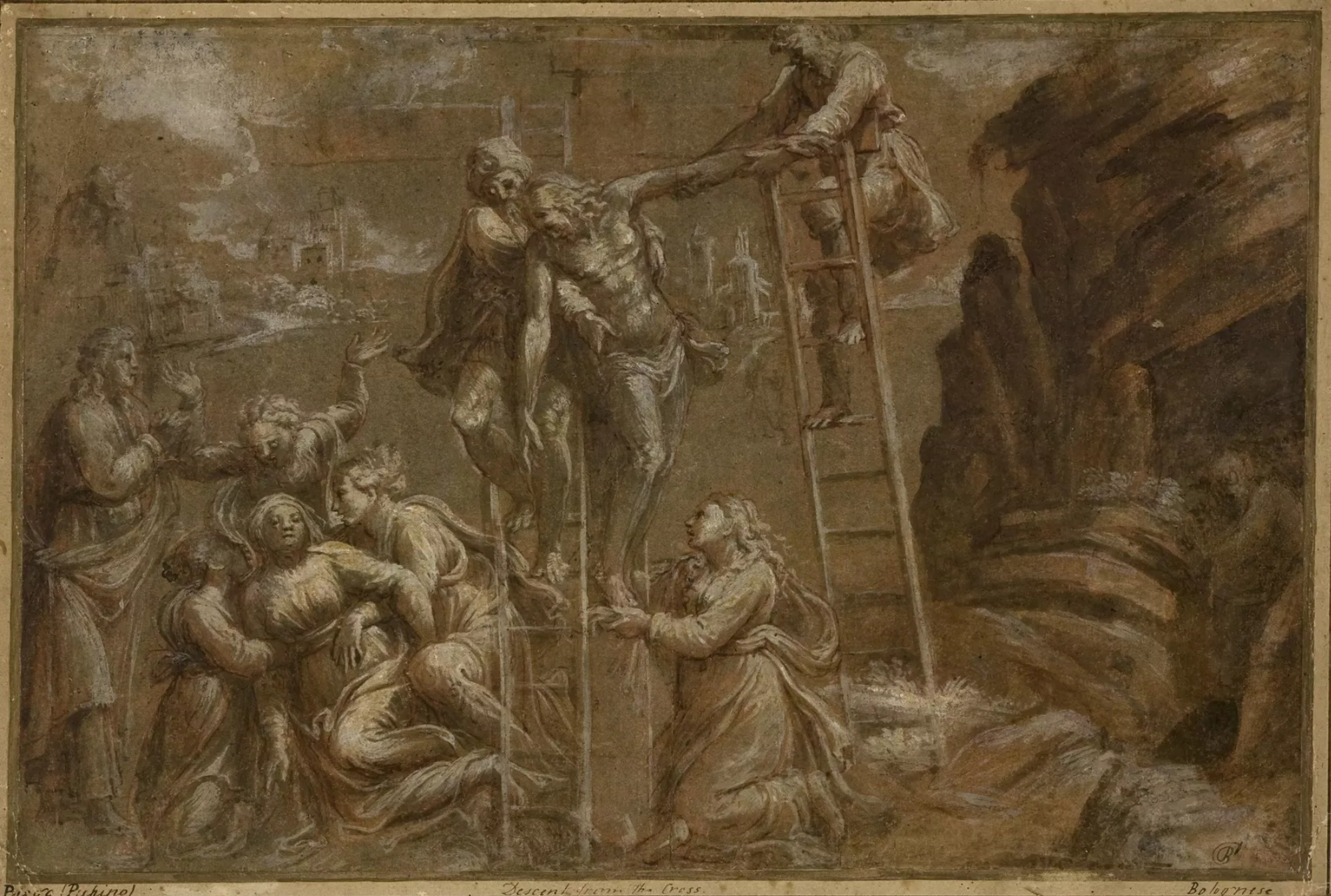 Women weeping under a cross next to a rocky landscape while two men taking down half naked Jesus