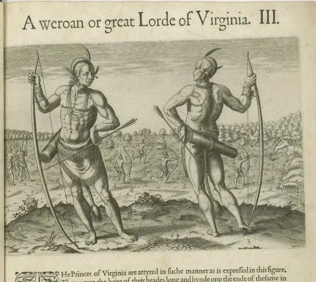 Black and white image of front and back of a half naked male villager holding bow and arrows